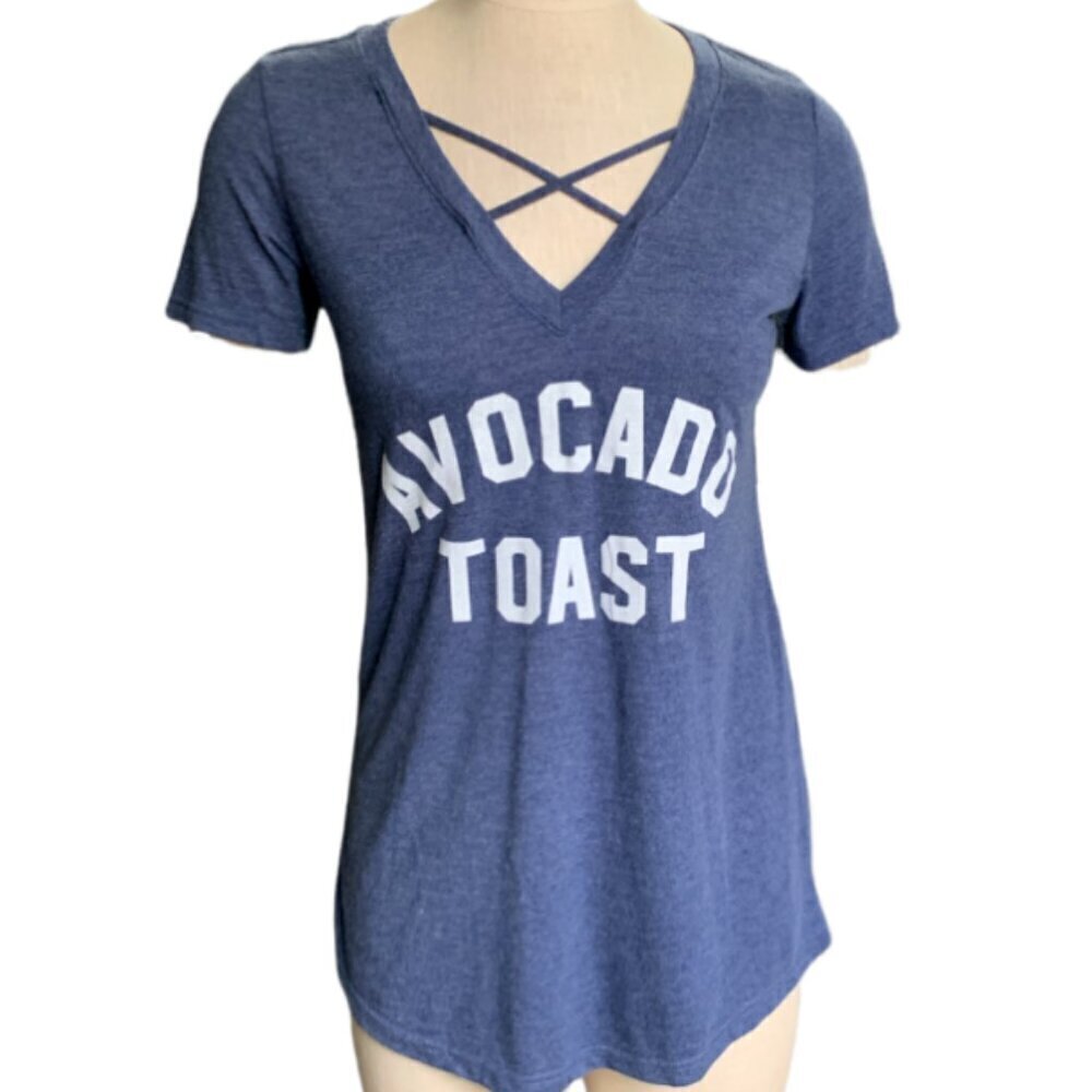 "Avocado Toast" Graphic Tee Sz M Crisscross V-Neck Tunic‎ Blue Tagless Neck 40D